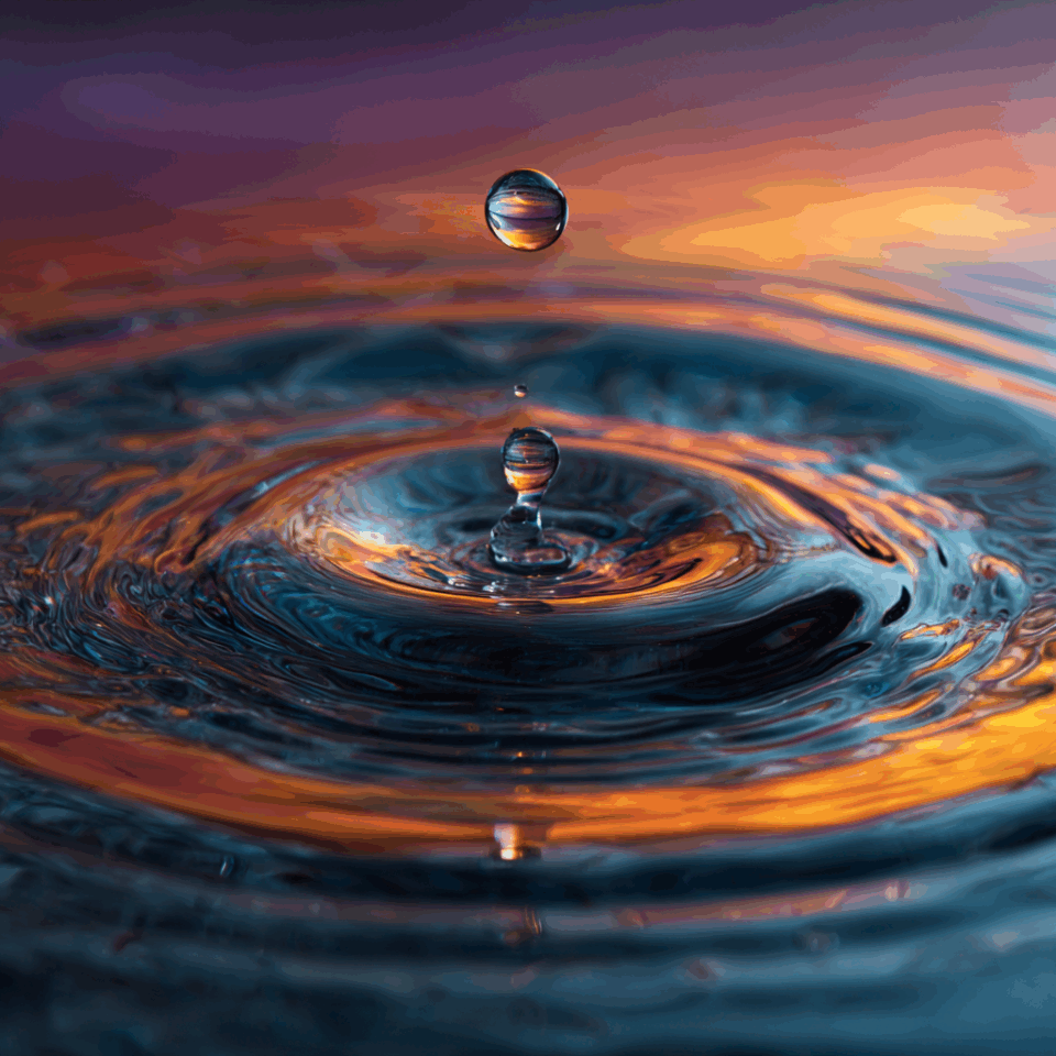 Una superficie de agua y una gota que cae genera ondas (hover = reacción inmediata).