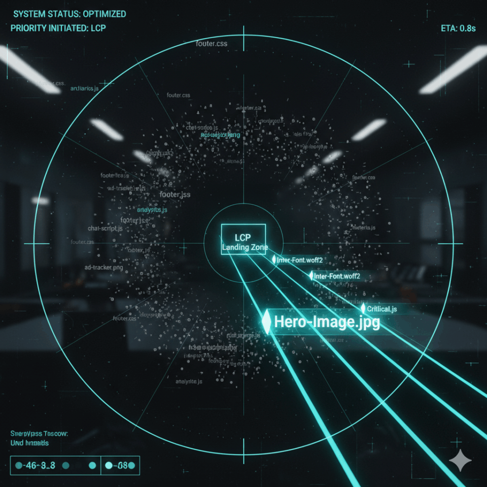 Radar de optimización priorizando carga de Hero Image y fuentes para LCP